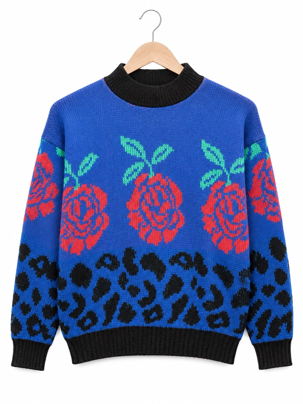 VTG 80s La Venture Sweater M Blue Rose Leopard Animal Print Knit made USA retro